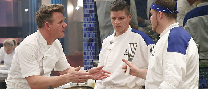 HELL'S KITCHEN Host / chef Gordon Ramsay with contestants Koop and Andrew (Greg Gayne / FOX)