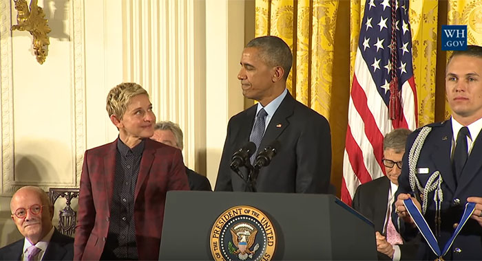 Ellen DeGeneres and President Barack Obama share a moment at the Medal of Freedom ceremony Nov. 22, 2016 (White House)