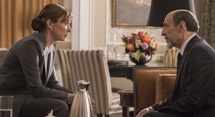 Elizabeth Marvel as Elizabeth Keane and F. Murray Abraham as Dar Adal in HOMELAND (Season 6, Episode 03). - Photo: JoJo Whilden/SHOWTIME - Photo ID: HOMELAND_603_226.R