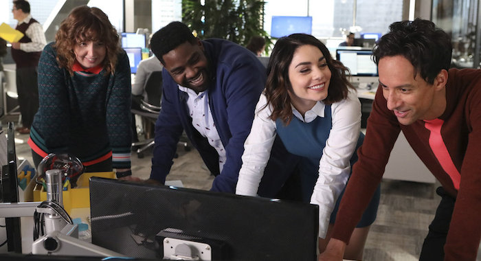 POWERLESS -- "Wayne Dream Team" Episode 103 -- Pictured: (l-r) Jennie Pierson as Wendy, Ron Funches as Ron, Vanessa Hudgens as Emily, Danny Pudi as Teddy -- (Photo by: Evans Vestal Ward/Warner Bros/NBC)