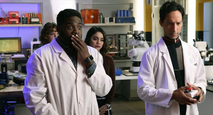 POWERLESS -- "Wayne Dream Team" Episode 103 -- Pictured: (l-r) Jennie Pierson as Wendy, ROn Funches as Ron, Vanessa Hudgens as Emily,Danny Pudi as Teddy -- (Photo by: Evans Vestal Ward/Warner Bros/NBC)