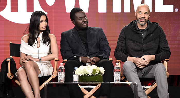 Freida Pinto, Babou Ceesay, and John Ridley (Eric Charbonneau/AP Invision for SHOWTIME)