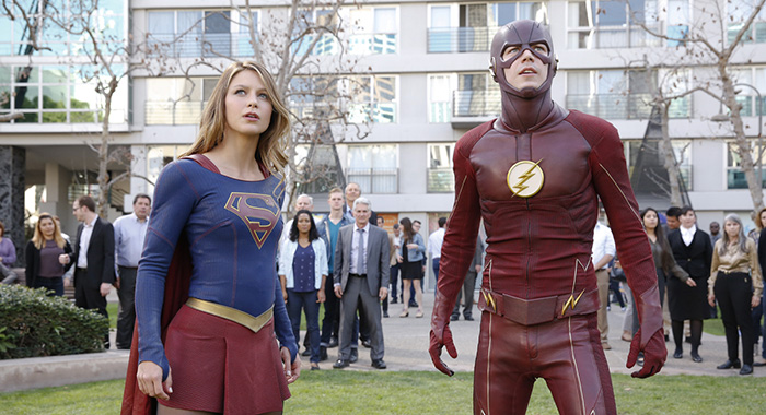 Melissa Benoist as Kara/Supergirl and Grant Gustin as Barry/The Flash (Robert Voets/Warner Bros)