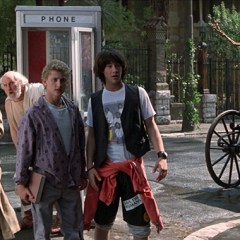 Dan Shor, George Carlin, Alex Winter, Keanu Reeves in BILL & TED'S EXCELLENT ADVENTURE (Orion Pictures Corporation)