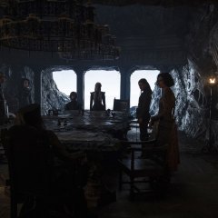 Game of Thrones, season 7:Conleth Hill as Varys, Jacob Anderson as Grey Worm, Nathalie Emmanuel as Missandei, Diana Rigg as Olenna Tyrell, Peter Dinklage as Tyrion Lannister, Emilia Clarke as Daenerys Targaryen, Gemma Whelan as Yara Greyjoy, Indira Varma as Ellaria Sand, and Alfie Allen as Theon Greyjoy (From Left to Right) – Photo: Helen Sloan/HBO