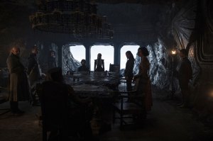 Game of Thrones, season 7:Conleth Hill as Varys, Jacob Anderson as Grey Worm, Nathalie Emmanuel as Missandei, Diana Rigg as Olenna Tyrell, Peter Dinklage as Tyrion Lannister, Emilia Clarke as Daenerys Targaryen, Gemma Whelan as Yara Greyjoy, Indira Varma as Ellaria Sand, and Alfie Allen as Theon Greyjoy (From Left to Right) – Photo: Helen Sloan/HBO