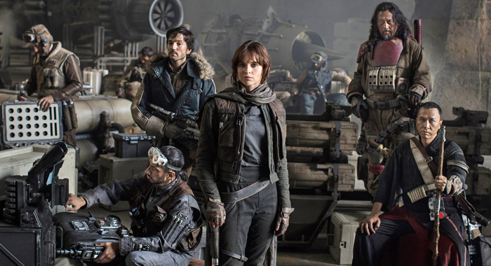 Star Wars: Rogue One L to R: Actors Riz Ahmed, Diego Luna, Felicity Jones, Jiang Wen and Donnie Yen Photo Credit: Jonathan Olley ©Lucasfilm 2016