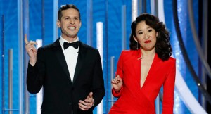 76th ANNUAL GOLDEN GLOBE AWARDS -- Pictured: Andy Samberg and Sandra Oh at the 76th Annual Golden Globe Awards held at the Beverly Hilton Hotel on January 6, 2019 -- (Photo by: Paul Drinkwater/NBC)