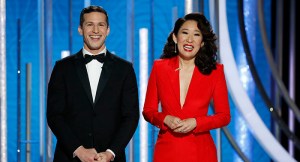 BEVERLY HILLS, CALIFORNIA - JANUARY 06: In this handout photo provided by NBCUniversal, Hosts Andy Samberg and Sandra Oh speak onstage during the 76th Annual Golden Globe Awards at The Beverly Hilton Hotel on January 06, 2019 in Beverly Hills, California. (Photo by Paul Drinkwater/NBCUniversal via Getty Images)