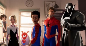 Peni (Kimiko Glen), Spider-Gwen (Hailee Steinfeld), Spider-Ham (John Mulaney), Miles Morales (Shameik Moore), Peter Parker (Jake Johnson), Spider-Man Noir (Nicolas Cage) in Sony Pictures Animation's SPIDER-MAN: INTO THE SPIDER-VERSE.