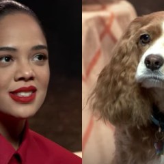 Tessa Thompson, Justin Theroux, and Canine Stars Monte and Rose Talk Recreating <em>Lady and the Tramp</em>‘s Most Famous Scene