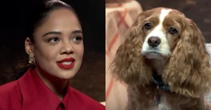 Tessa Thompson, Justin Theroux, and Canine Stars Monte and Rose Talk Recreating <em>Lady and the Tramp</em>‘s Most Famous Scene