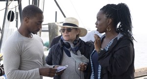 Anthony Mackie, director Kari Skogland, and Adepero Oduye on the set of The Falcon and the Winter Soldier