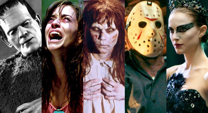 Images from Frankenstein, Saw II, The Exorcist, Friday the 13th Part III, and Black Swan