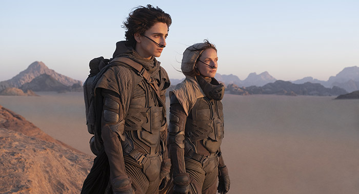 Dune stars TIMOTHÉE CHALAMET as Paul Atreides and REBECCA FERGUSON as Lady Jessica Atreides