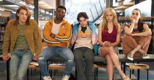 ONE OF US IS LYING -- "One Of Us Is Not Like The Other" Episode 103 -- Pictured: (l-r) Cooper van Grootel as Nate, Chibuikem Uche as Cooper, Mark McKenna as Simon, Annalisa Cochrane as Addy, Marianly Tejada as Bronwyn -- (Photo by: Nicola Dove/Peacock)