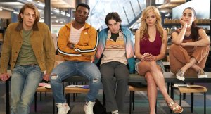 ONE OF US IS LYING -- "One Of Us Is Not Like The Other" Episode 103 -- Pictured: (l-r) Cooper van Grootel as Nate, Chibuikem Uche as Cooper, Mark McKenna as Simon, Annalisa Cochrane as Addy, Marianly Tejada as Bronwyn -- (Photo by: Nicola Dove/Peacock)