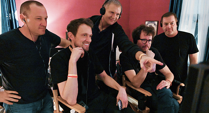 Producer William Sherak, director Matt Bettinelli-Olpin, executive producer Kevin Williamson, co-director Tyler Gillett, and executive producer Chad Villella on the set of Scream (2022)