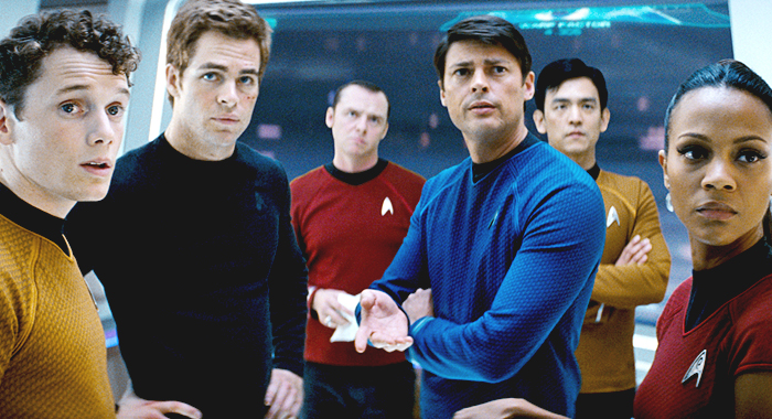 Anton Yelchin, Chris Pine, Simon Pegg, Karl Urban, John Cho, and Zoe Saldana in Star Trek (2009)