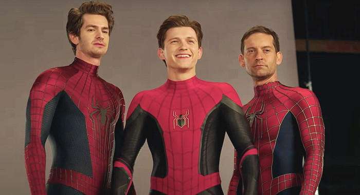 Andrew Garfield, Tom Holland, and Tobey Maguire at a photo shoot for Spider-Man: No Way Home