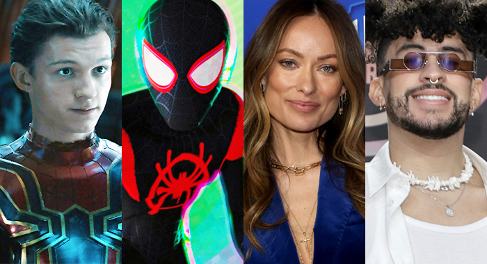 Tom Holland as Peter Parker, Shameik Moore as Miles Morales, Olivia Wilde, and Bad Bunny