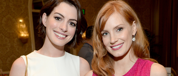 Anne Hathaway and Jessica Chastain pose for a photo together