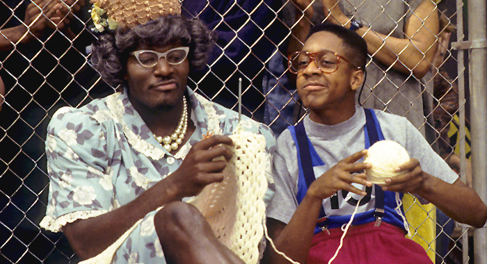 NBA star Larry Johnson and Jaleel White as Grandmama and Steve Urkel in an episode of Family Matters (1993)