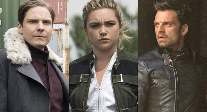 Daniel Bruhl as Baron Zemo in The Falcon and the Winter Soldier, Florence Pugh as Yelena Belova in Black Widow, and Sebastian Stan as Bucky Barnes in The Falcon and the Winter Soldier