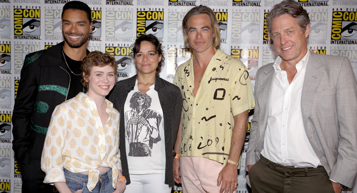 Regé-Jean Page, Sophia Lillis, Michelle Rodriguez, Chris Pine, and Hugh Grant at Comic-Con for Dungeons & Dragons: Honor Among Thieves