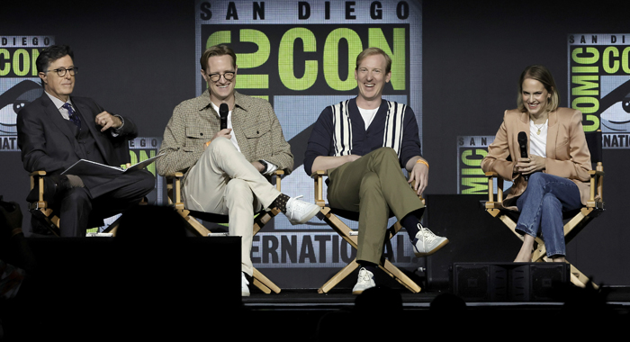 Stephen Colbert, JD Payne, Patrick McKay, and Lindsey Weber at the 2022 Comic-Con panel for The Lord of the Rings: The Rings of Power