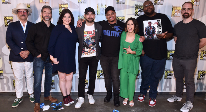 Paul F. Tompkins, Bryan Andrews, AC Bradley, Brad Winderbaum, Beau DeMayo, Kirsten Lepore, Jeff Trammell, and Ryan Meinerding at the San Diego Comic-Con panel for Marvel Animation