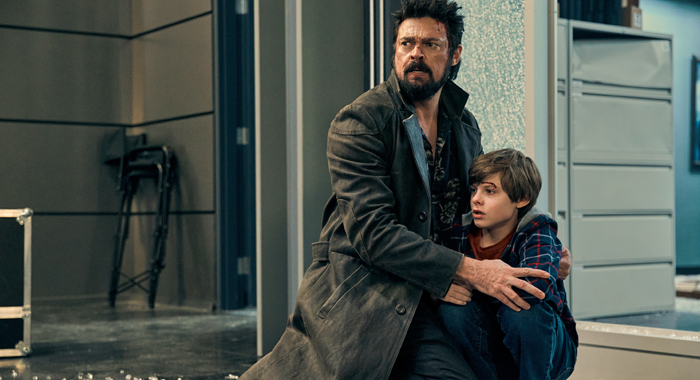 Karl Urban as Billy Butcher and Cameron Crovetti as Ryan in The Boys