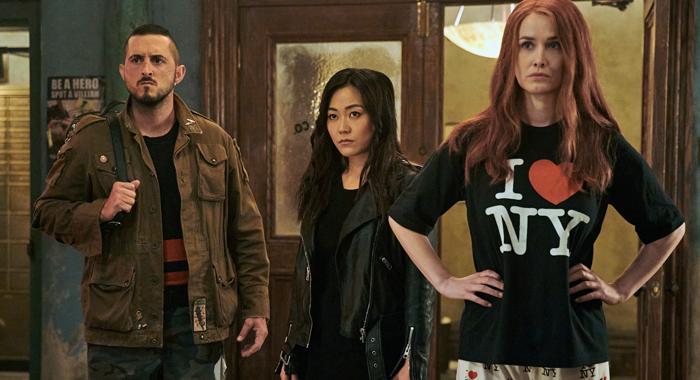 Tomer Capone as Frenchie, Karen Fukuhara as Kimiko, and Dominique McElligott as Maeve in The Boys