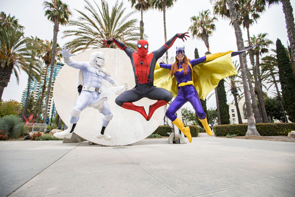 Cosplayers Derek Shackelton as Moon Knight, Jay Acey as Spiderman, and Nina Church as Batgirl