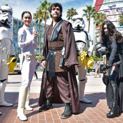 Cosplayers wearing costumes from Star Wars