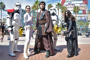 Cosplayers wearing costumes from Star Wars