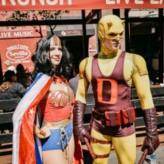 Cosplayers dressed as Wonder Woman and Daredevil