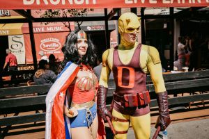 Cosplayers dressed as Wonder Woman and Daredevil