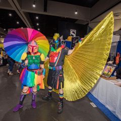 Star Wars cosplayers Lisa Lower as Sparkle Fett (L) and Shawn Richter as Pride Mando