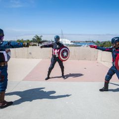 Captain America cosplayers Gary Fisher, Justin Wu, and Neo Baldarrama recreate the famous "Spiderman Pointing Meme"