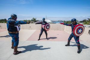 Captain America cosplayers Gary Fisher, Justin Wu, and Neo Baldarrama recreate the famous "Spiderman Pointing Meme"