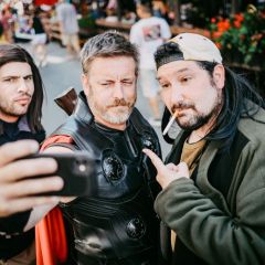 Cosplayers dressed as Winter Soldier, Thor, and Silent Bob