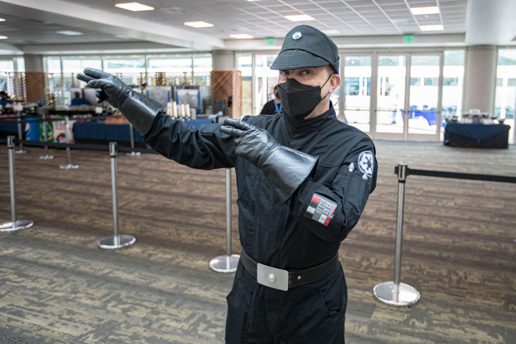 A volunteer in Star Wars cosplay