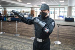 A volunteer in Star Wars cosplay
