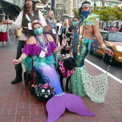 Mermaid and pirate cosplayers