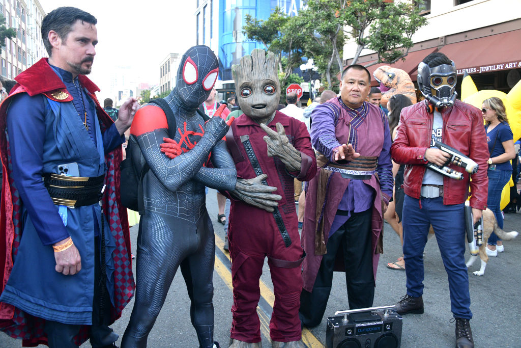Cosplayers Doctor Strange, Miles Morales Spider-Man, Groot, Wong and Star Lord