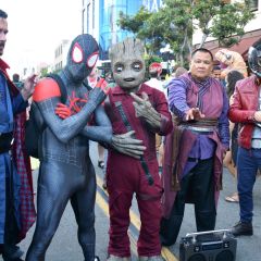 Cosplayers Doctor Strange, Miles Morales Spider-Man, Groot, Wong and Star Lord