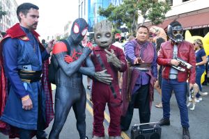 Cosplayers Doctor Strange, Miles Morales Spider-Man, Groot, Wong and Star Lord