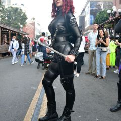 A cosplayer wears a Black Widow costume at 2022 Comic-Con International: San Diego