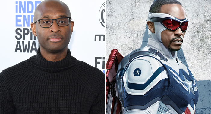 Julius Onah and a poster image from The Falcon and the Winter Soldier